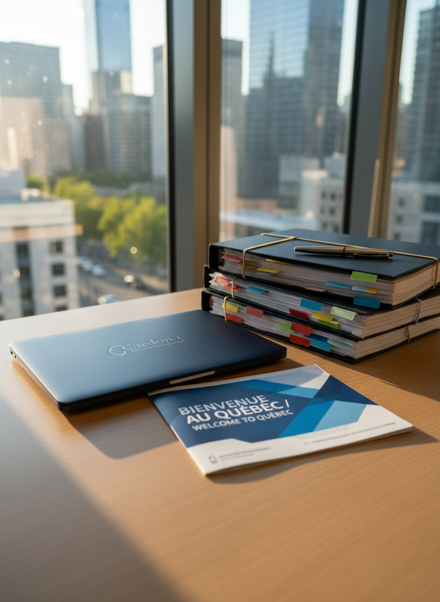 A neatly organized workstation featuring a closed dark navy laptop with a subtle Cardona Services d'Integration logo on the lid, a stack of neatly aligned immigration folders with color-coded tabs, and a sleek silver pen resting atop a bilingual “Welcome to Quebec” brochure. The desk is a light oak surface positioned near a large window overlooking an out-of-focus modern cityscape. Soft morning daylight filters in, creating gentle reflections on the laptop and pen while casting delicate shadows. Photographic realism, clean and modern, shot at eye level with a slight angle, shallow depth of field keeping the documents sharp and background softly blurred. The atmosphere feels professional, reassuring, and meticulously organized, symbolizing trustworthy administrative support for new arrivals to Quebec.