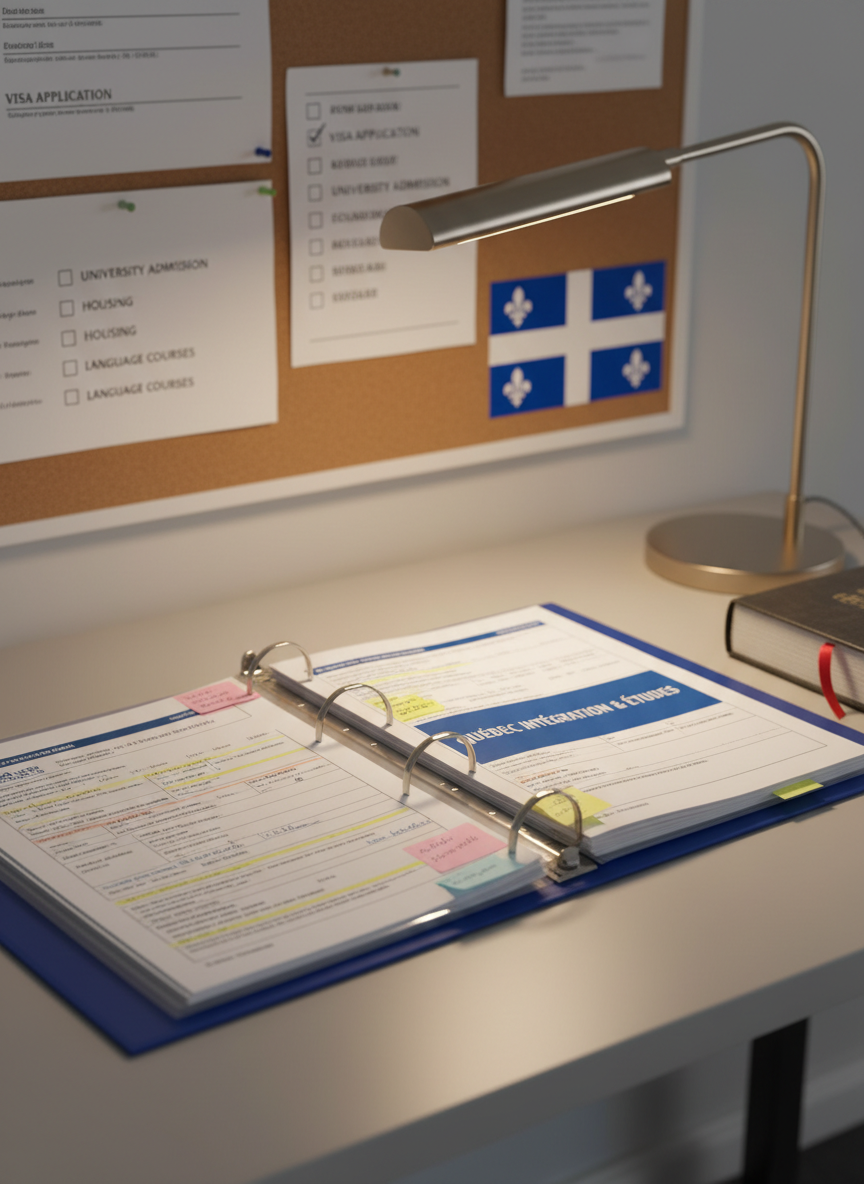 An open three-ring binder with clear plastic sleeves protecting neatly filled-out Quebec immigration and university enrollment forms, each page carefully highlighted and annotated with small sticky notes. The binder rests on a light grey desk beside a slim, brushed-metal desk lamp and a bilingual French-English dictionary with a bookmark ribbon. The lamp casts warm, focused light across the pages, creating soft, directional shadows that add depth while preserving readability. In the softly blurred background, a corkboard holds pinned checklists and a small Quebec flag. Captured in photographic realism from an eye-level, slightly diagonal viewpoint, with moderate depth of field. The atmosphere is organized, encouraging, and professional, suggesting careful guidance through each step of integration and academic administration.