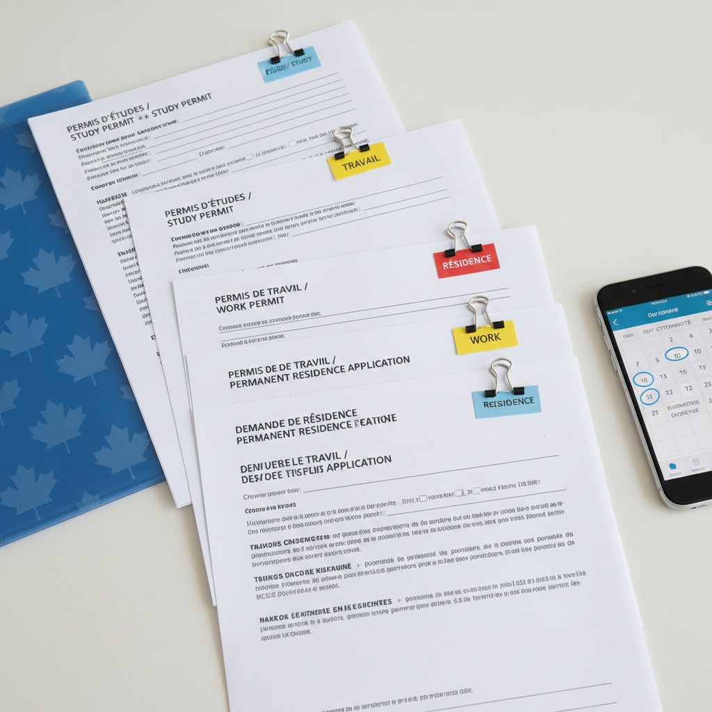 A close-up of a meticulously arranged set of official-looking forms in French and English laid out on a smooth white desk, each page neatly clipped and labeled with small colored tags for study permits, work permits, and residency applications. A translucent blue folder with a subtle maple leaf motif peeks out from the side, alongside a modern smartphone displaying a calendar with important appointment dates. Soft, diffused overhead lighting creates even illumination with minimal shadows, enhancing legibility and clarity. Photographic realism with a minimalist aesthetic, shot from a slightly elevated angle to showcase the paperwork as the central focus. The mood is calm, structured, and supportive, evoking a sense of guidance through complex administrative processes for immigrants and international students in Quebec.