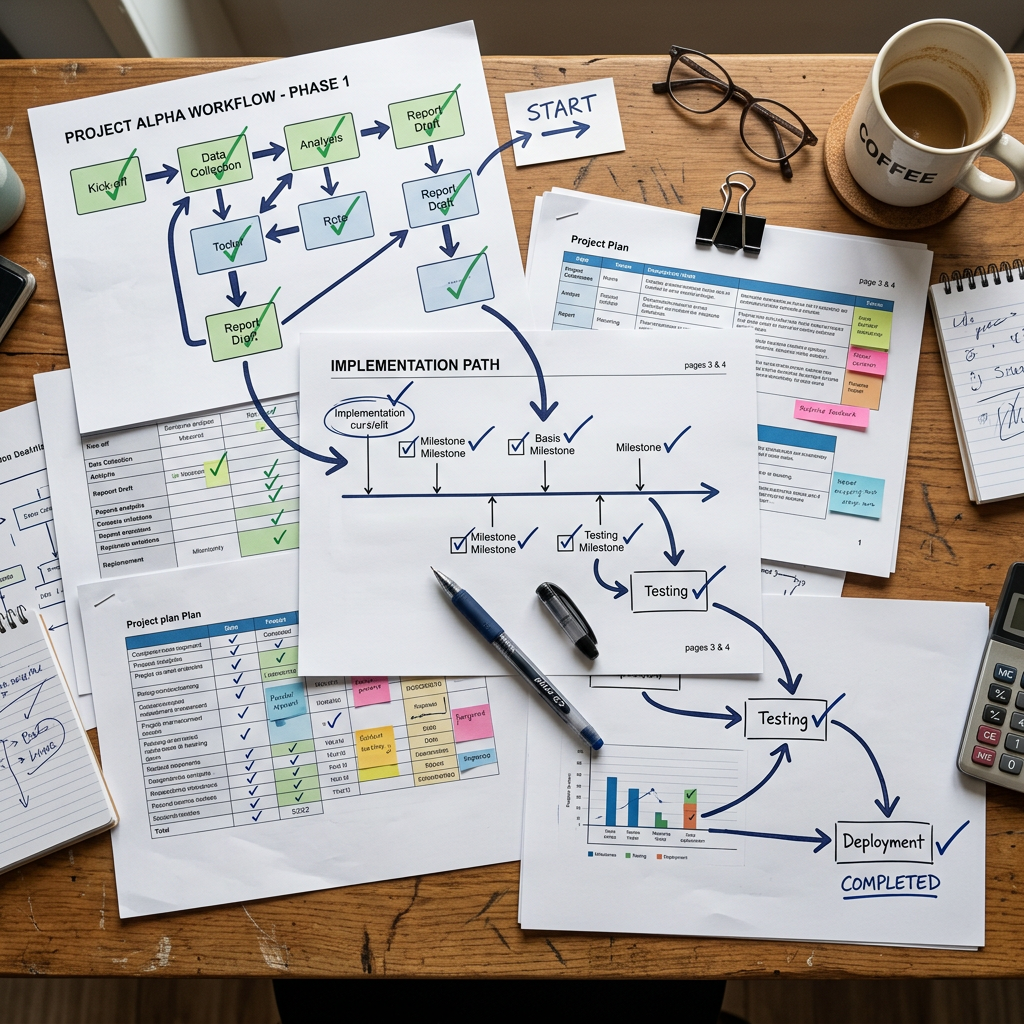 Project workflow diagrams and implementation path with check marks on a wooden desk