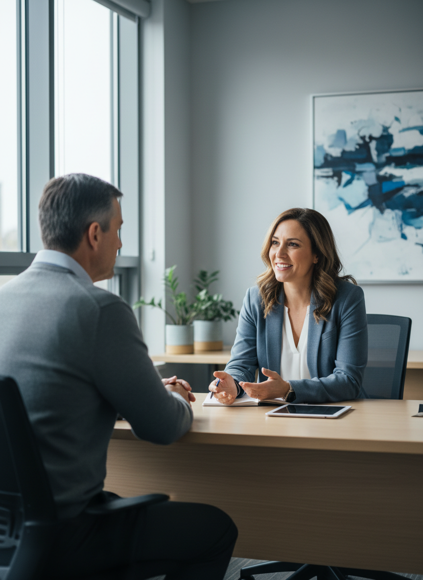 A friendly bilingual advisor smiling while talking with a client across a desk in a modern consultation office in Quebec, soft natural light, muted blue tones, professional and approachable, documentary style, no text.