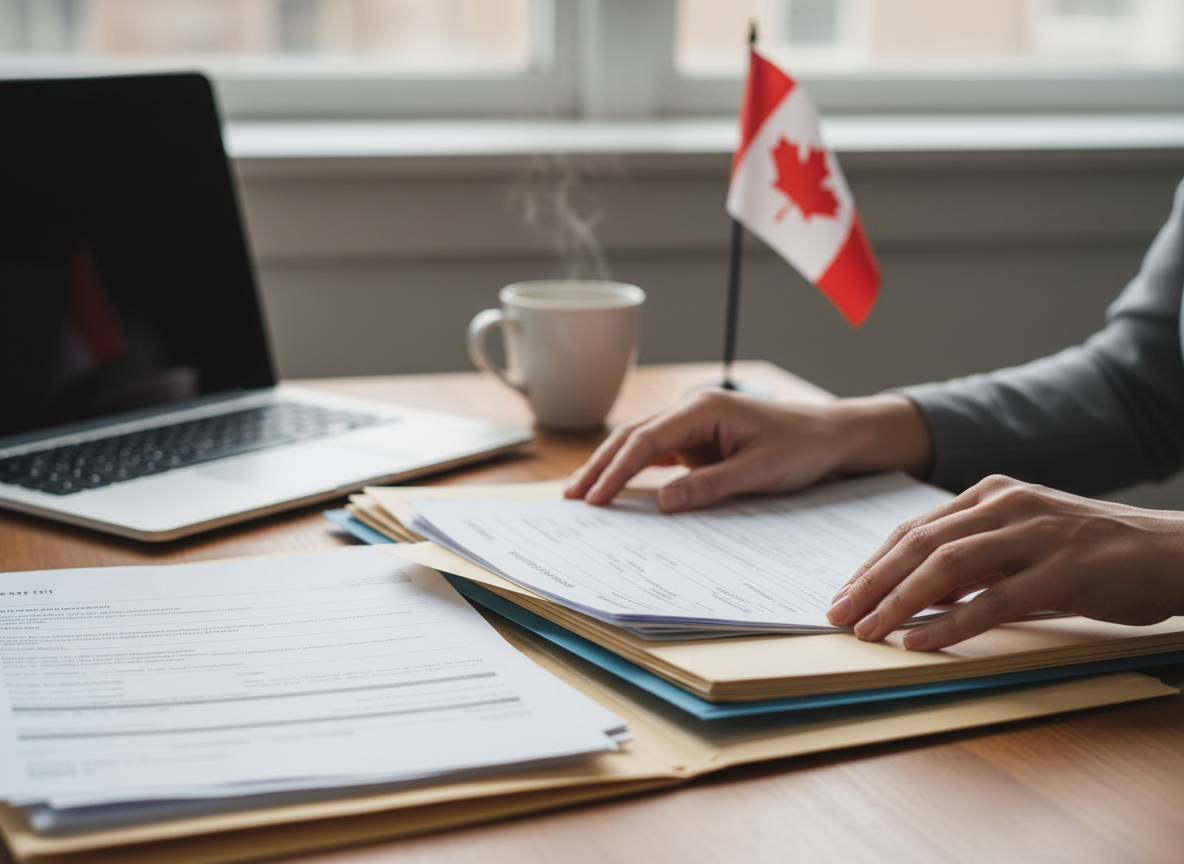 Close-up of hands organizing official documents and forms on a clean desk with a laptop, a coffee cup and a small Canadian flag in soft focus in the background. Calm professional workspace, muted blue and neutral palette, natural light, no text.